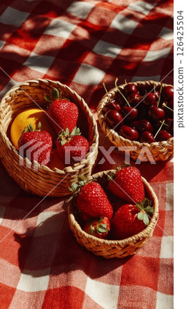 Summer Picnic Basket with Strawberries and Cherries Summer Picnic Basket with Strawberries and Cherries 126425504