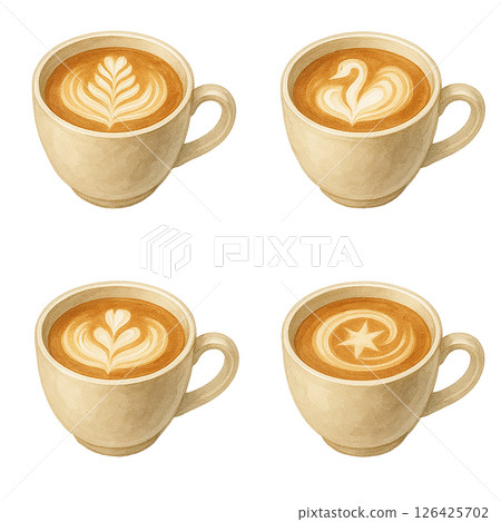 A set of illustrations of cafe latte with watercolor-style latte art 126425702