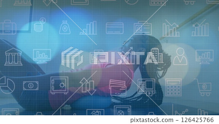 Image of icons and data processing over african american woman exercising 126425766