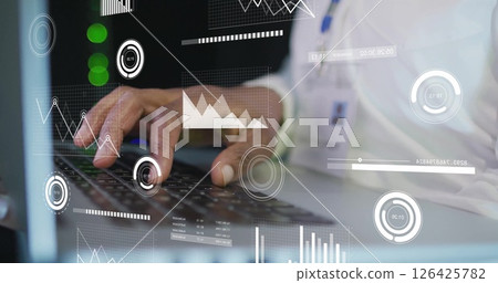 Image of data processing over african american businessman using laptop 126425782
