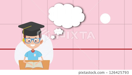 Image of schoolboy with graduation hat with speech bubble with copy space 126425793