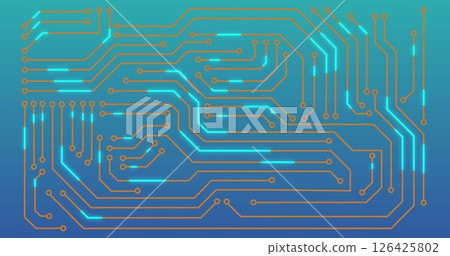 Image of glowing blue data transferring across motherboard network Image of glowing blue data transferring across motherboard network 126425802