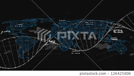 Image of dna strand and data processing over world map 126425806