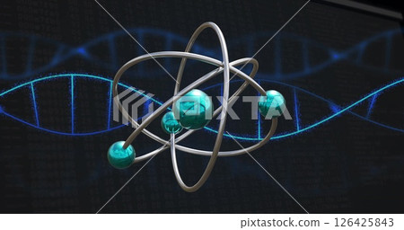 Image of dna strand and scientific data processing over atom 126425843