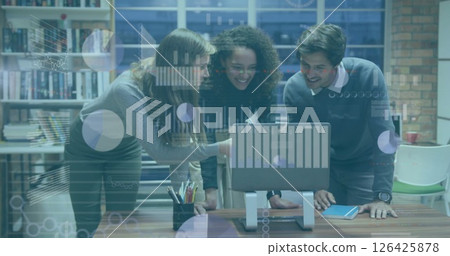 Image of financial data processing over diverse business people in office 126425878