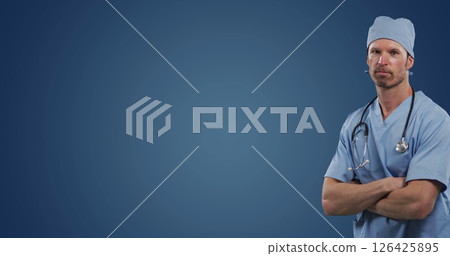 Image of caucasian male doctor wearing stethoscope on blue background with copy space Image of caucasian male doctor wearing stethoscope on blue background with copy space 126425895