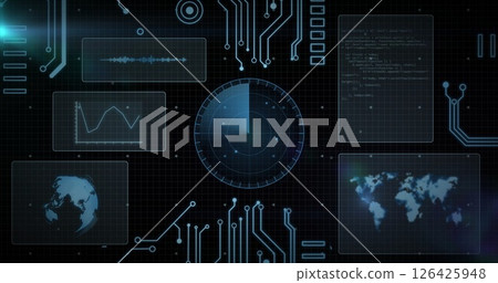 Image of circuit board and data processing over dark background Image of circuit board and data processing over dark background 126425948