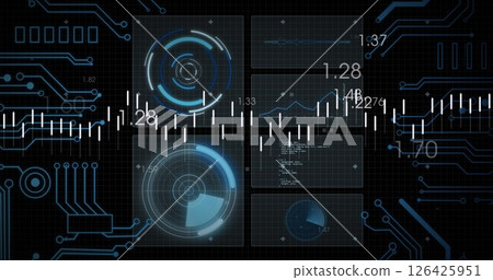 Image of circuit board and data processing over dark background 126425951