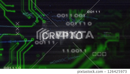 Image of circuit board, crypto text and data processing over black background 126425973
