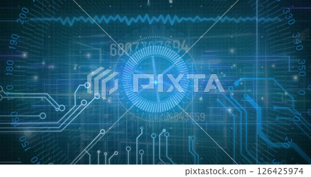 Image of circuit board and data processing over blue background Image of circuit board and data processing over blue background 126425974
