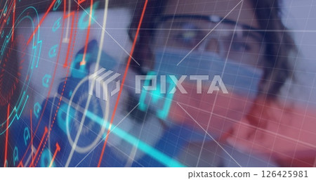 Image of scope scanning over caucasian female scientist holding vial 126425981