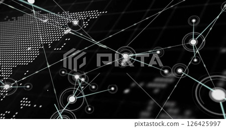 Image of network of connections over world map and data processing on black background 126425997