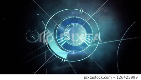 Image of scope scanning over network of connections and light trails on black background Image of scope scanning over network of connections and light trails on black background 126425999