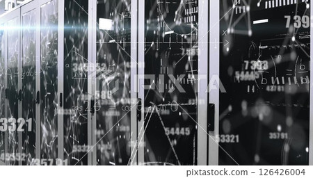 Image of mathematical equations and shapes over server room Image of mathematical equations and shapes over server room 126426004