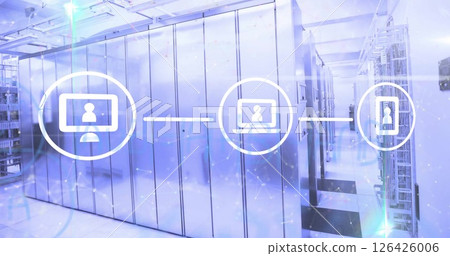 Image of media icons over server room 126426006