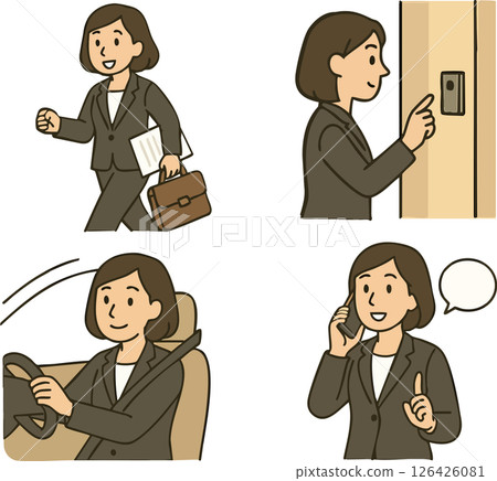 Illustration of a woman in a suit making sales calls 126426081