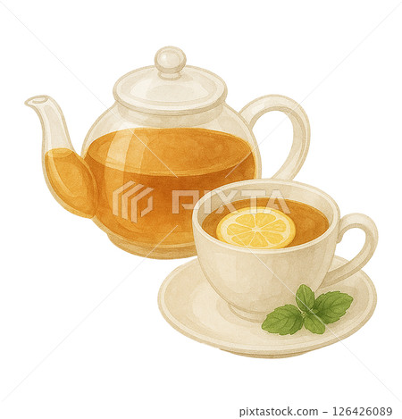 Watercolor illustration of glass pot with lemon tea Watercolor illustration of glass pot with lemon tea 126426089