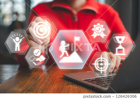 Visual representation of perseverance with icons symbolizing goals, success, and determination in a business context. 126426306