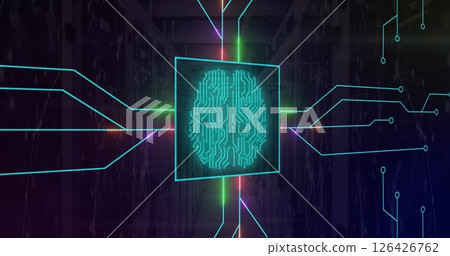 Image of neon network of connections with brain over server room 126426762