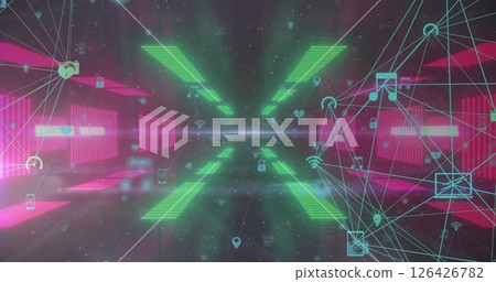 Image of network of connections with icons and data processing connections 126426782