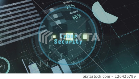 Image of cyber security text and data processing over dark background Image of cyber security text and data processing over dark background 126426799