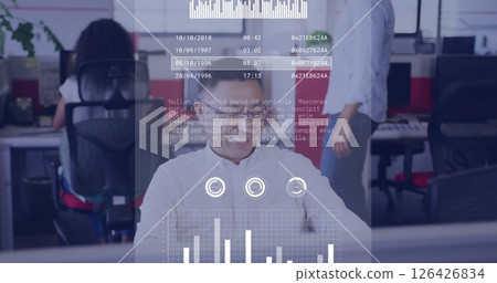 Image of financial data processing over asian businessman using smartphone in office Image of financial data processing over asian businessman using smartphone in office 126426834