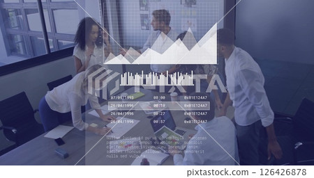 Image of financial data processing over diverse business people in office 126426878