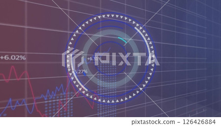 Image of financial data processing and scope scanning over grid background Image of financial data processing and scope scanning over grid background 126426884