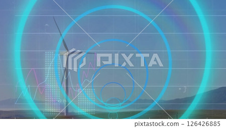 Image of financial data processing and scope scanning over wind turbines Image of financial data processing and scope scanning over wind turbines 126426885