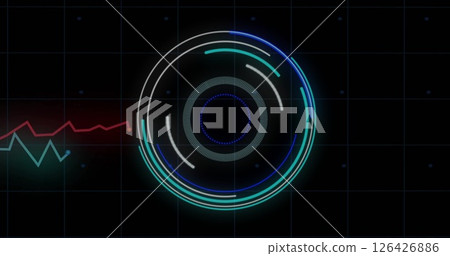 Image of financial data processing and scope scanning over black background Image of financial data processing and scope scanning over black background 126426886
