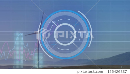 Image of financial data processing and scope over wind turbine Image of financial data processing and scope over wind turbine 126426887
