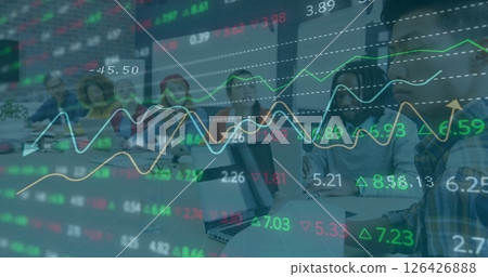 Image of financial data processing over diverse business people in office Image of financial data processing over diverse business people in office 126426888