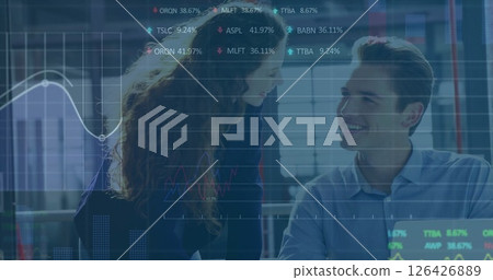 Image of financial data processing over diverse business people in office 126426889