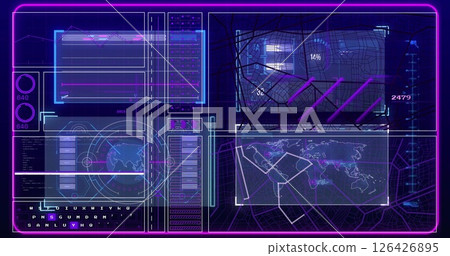 Image of data processing over screens on black background Image of data processing over screens on black background 126426895