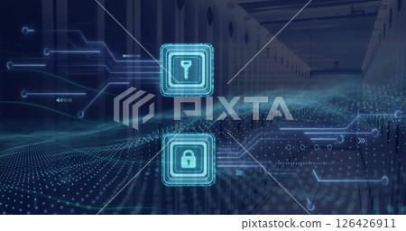 Image of padlock and key icons and data processing over computer servers 126426911