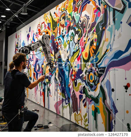 Street artist creating vibrant graffiti mural 126427170