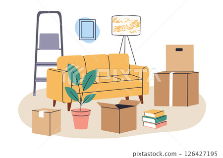 Vector illustration of moving day scene with furniture, cardboard boxes and home items. Sofa, lamp, plants and books during relocation, step ladder and scattered belongings, settling into new home Vector illustration of moving day scene with furniture, cardboard boxes and home items. Sofa, lamp, plants and books during relocation, step ladder and scattered belongings, settling into new home 126427195