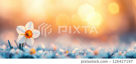 beautiful daffodil flower glowing in field at sunset, radiating warmth and tranquility 126427197