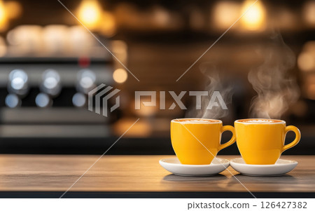 Steaming yellow coffee cups on wooden table create cozy atmosphere Steaming yellow coffee cups on wooden table create cozy atmosphere 126427382
