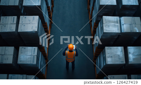 Efficient warehouse scene with employee checking inventory among stacked boxes 126427419
