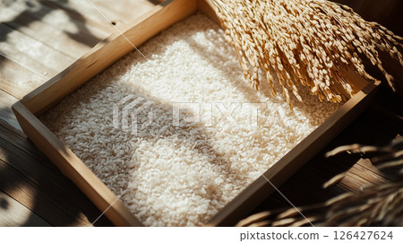 背景照片：白飯被木製量杯和稻穗包圍 126427624