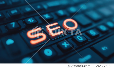 Close up of keyboard with glowing SEO letters, emphasizing digital marketing Close up of keyboard with glowing SEO letters, emphasizing digital marketing 126427800