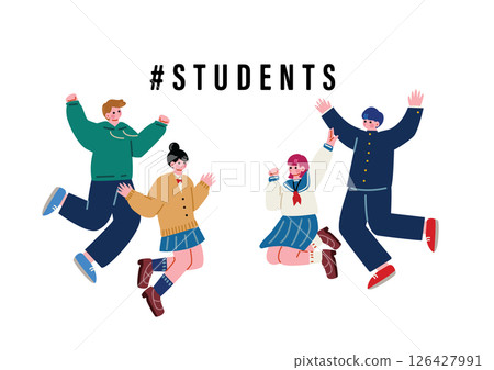 Male and female students in uniform jumping Male and female students in uniform jumping 126427991
