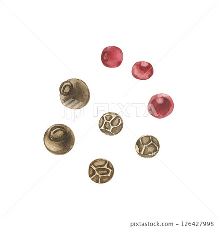 Watercolor illustration of assorted peppercorns. Black, white, and pink. Hand-painted spice mix perfect for culinary, kitchen, food, herb, seasoning, and gourmet design projects. For design packaging 126427998