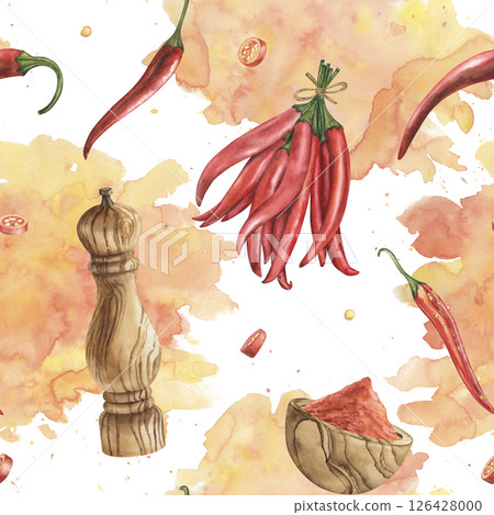 Watercolor seamless pattern with red chili peppers, pepper grinder, and ground spice on abstract orange splashes. Hand-painted spicy food ingredients for kitchen, menu, or packaging design, textile Watercolor seamless pattern with red chili peppers, pepper grinder, and ground spice on abstract orange splashes. Hand-painted spicy food ingredients for kitchen, menu, or packaging design, textile 126428000