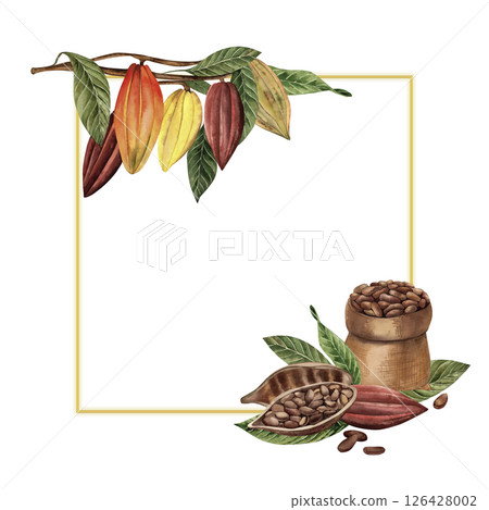 A square frame with cocoa beans, whole, cut, with a bag of beans. The illustration with fruits, leaves of a chocolate tree, and sacking with seeds are hand-painted in watercolor in a botanical style. 126428002