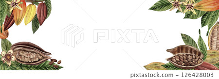 Banner with cocoa beans, branch, leaves, flowers of chocolate tree. Watercolor illustration with whole, cut cocoa fruits is hand-drawn in botanical style. For websites, outdoor advertising, printing 126428003
