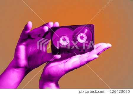 A beautifully designed vintage video cassette displayed in vibrant colors and bold hues 126428050