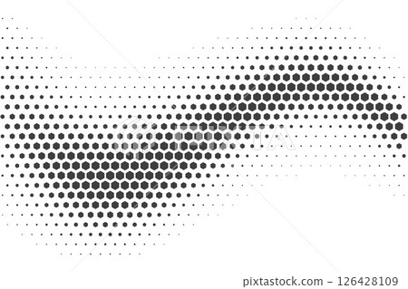 Halftone vector wave with hexagon pattern. Honeycomb gradient fade. Abstract geometric dynamic curved shape on white background. Pixelated 80s distorted warp illustration Halftone vector wave with hexagon pattern. Honeycomb gradient fade. Abstract geometric dynamic curved shape on white background. Pixelated 80s distorted warp illustration 126428109