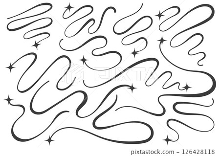 Swirl vector lines with stars. Curved elegant flourishes tails of comets. Decorative Y2k scrolls and strokes on white background. Wavy simple swishes with falling and flying sparkles. Swirl vector lines with stars. Curved elegant flourishes tails of comets. Decorative Y2k scrolls and strokes on white background. Wavy simple swishes with falling and flying sparkles. 126428118